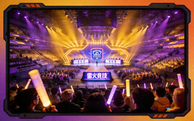 雷火竞技赛场窗口直播画面：英雄联盟全球总决赛现场，观众席座无虚席，舞台灯光璀璨