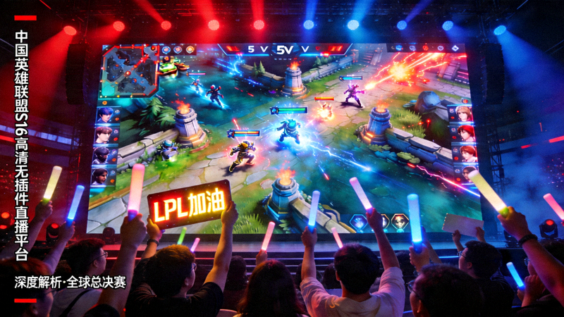 中国英雄联盟S16高清无插件直播平台深度解析配图：英雄联盟全球总决赛现场，巨大的屏幕正在播放激烈的团战画面，观众情绪高涨